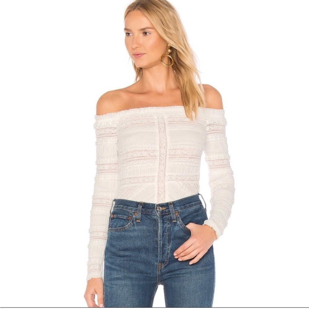cinq a sept Off-the-Shoulder White Lace Long-Sleeve Top